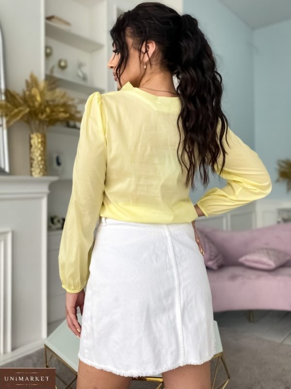 Придбати жовту жіночу блузку з рюшами з бавовни (розмір 42-52) по знижці