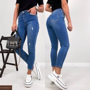 Заказать синие женские джинсы с царапками из стрейча дешево