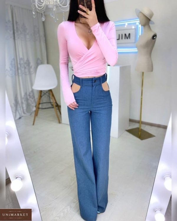 Приобрести синие женские высокие джинсы с вырезами в интернете