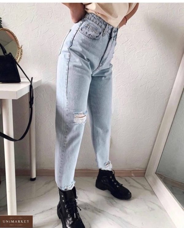 Замовити по знижці блакитні укорочені джинси з потертостями для жінок