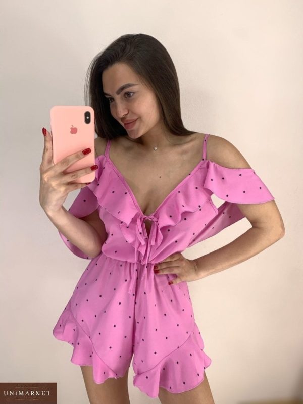 Купить розовый женский комбинезон в горошек с шортами в интернете