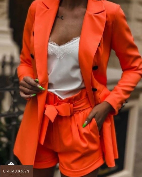 Купить оранжевый летний костюм для женщин с пиджаком и шортами (размер 42-48) по скидке