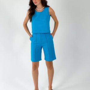 Заказать голубой женский костюм из льна: шорты и топ дешево