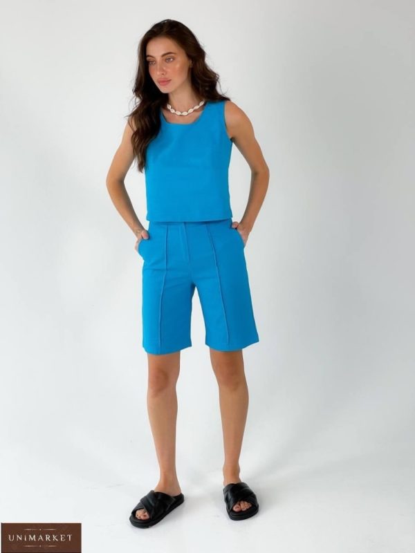 Замовити блакитний жіночий костюм з льону: шорти і топ дешево