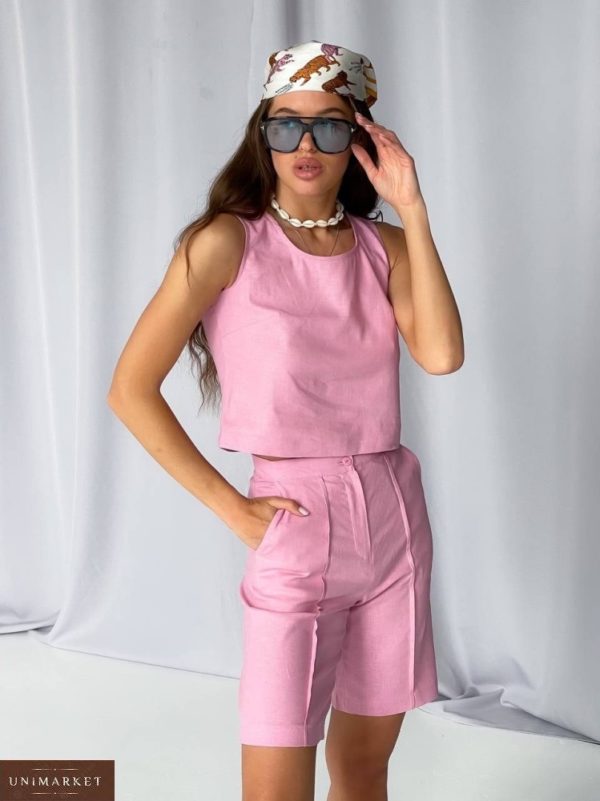 Замовити рожевий жіночий костюм з льону: шорти і топ онлайн