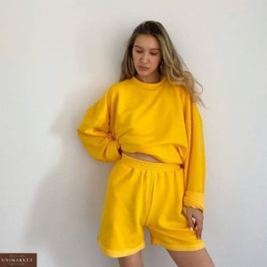 Приобрести желтый женский яркий костюм: свитшот+шорты дешево