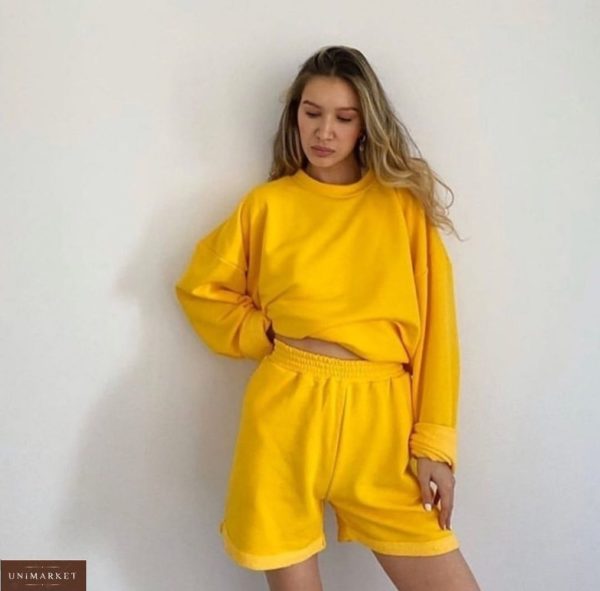 Приобрести желтый женский яркий костюм: свитшот+шорты дешево