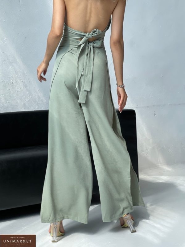 Придбати сіро-зелений жіночий брючний костюм з кофтою кімоно і топом (розмір 42-52) в інтернеті