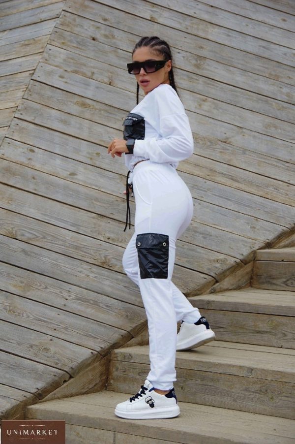Замовити білий жіночий спортивний костюм з кишенями (розмір 42-48) дешево