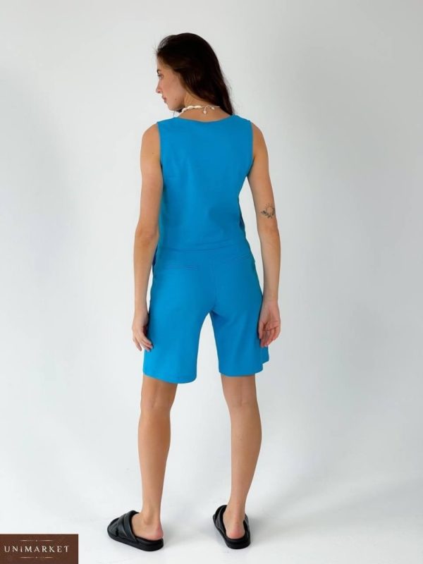Придбати недорого жіночий костюм з льону: шорти і топ блакитного кольору
