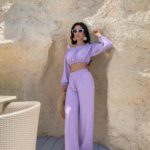 Заказать лиловый костюм из жатки с топом с длинным рукавом (размер 42-48) для женщин онлайн
