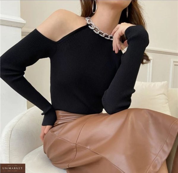 Купить черную женскую кофту с украшением и открытыми плечами в интернете