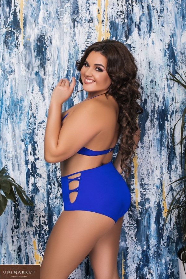 Заказать онлайн для женщин раздельный купальник с высокими плавками (размер 48-58) синего цвета