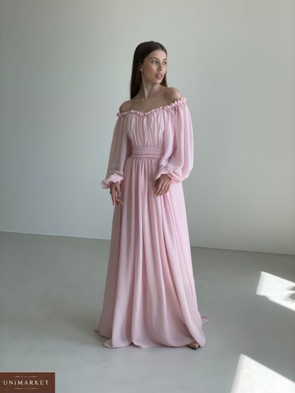 Купить розовое нежное платье в пол с открытыми плечами (размер 42-52) недорого для женщин