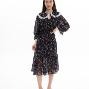 Заказать онлайн черное женское шифоновое платье миди с воротником (размер 42-62) по скидке
