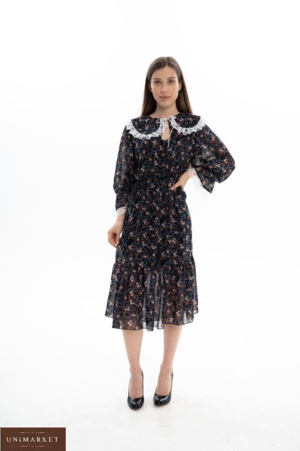 Заказать онлайн черное женское шифоновое платье миди с воротником (размер 42-62) по скидке