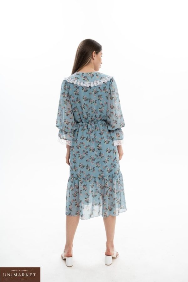 Купить шифоновое голубое платье миди с воротником (размер 42-62) по скидке для женщин