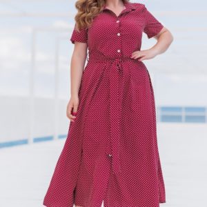 Замовити бордо жіноче плаття-сорочка міді в горошок (розмір 42-56) по знижці