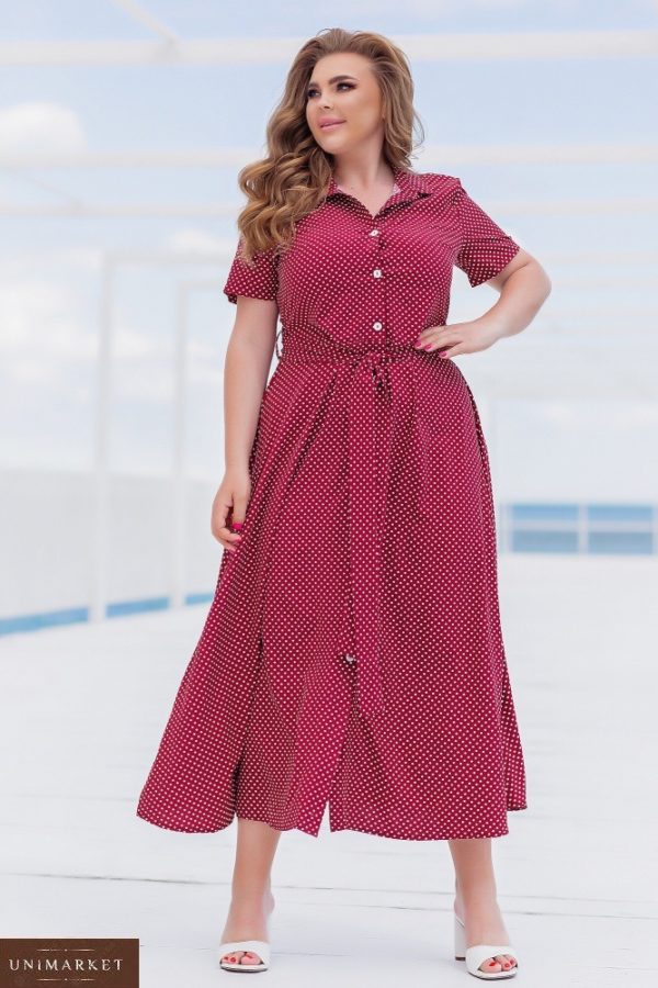Заказать бордо женское платье-рубашка миди в горошек (размер 42-56) по скидке
