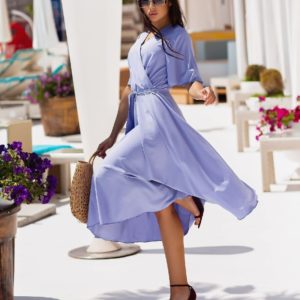 Заказать онлайн лиловое женское платье на запах с коротким рукавом (размер 42-54)