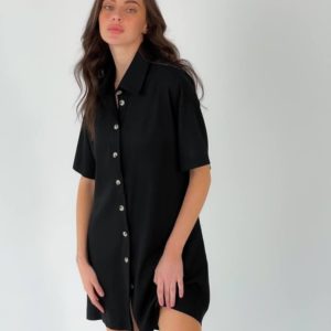 Замовити онлайн чорне лляне плаття-сорочка з розрізом (розмір 42-48) для жінок