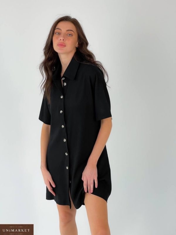 Замовити онлайн чорне лляне плаття-сорочка з розрізом (розмір 42-48) для жінок