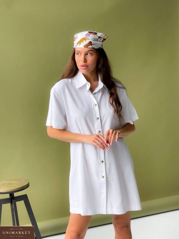 Приобрести женское белое льняное платье-рубашка с разрезом (размер 42-48) в интернете