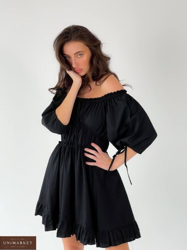Купить черное платье для женщин с объемными рукавами и открытыми плечами в Украине