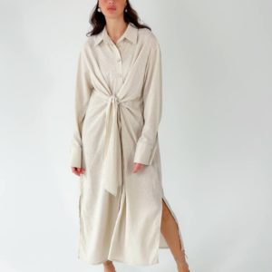 Купить в интернете беж длинное платье-рубашка из льна (размер 42-50) для женщин