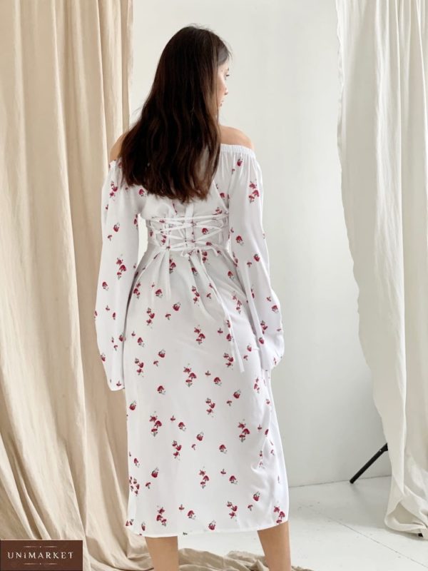 Заказать онлайн белое платье из штапеля с длинным рукавом (размер 42-52) для женщин