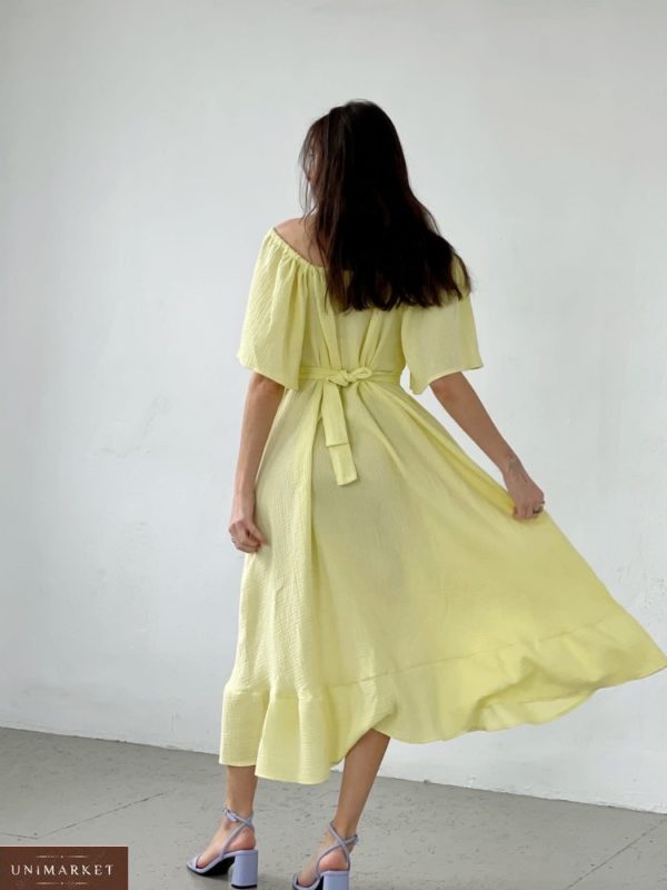 Приобрести желтое женское летнее свободное платье с открытыми плечами выгодно