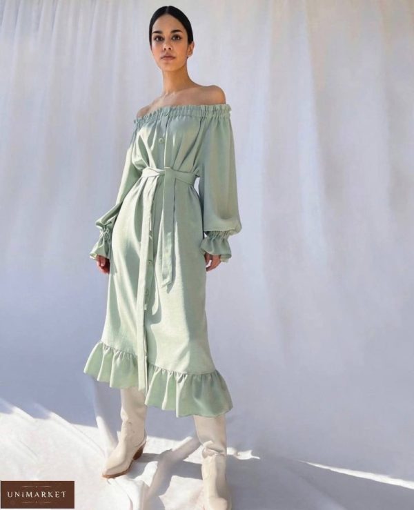 Заказать платье-рубашка из льна цвета оливка недорого с открытыми плечами для женщин