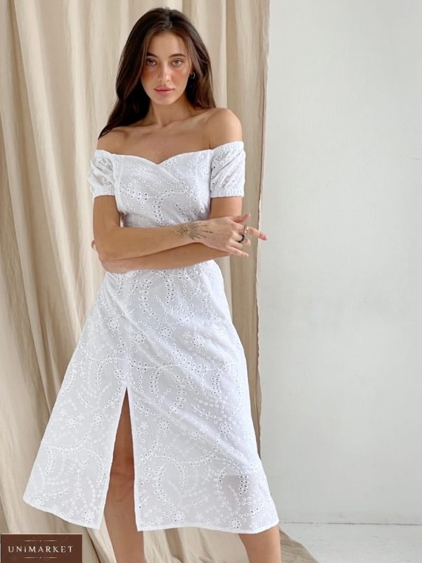 Замовити онлайн біле плаття з прошви зі шнурівкою (розмір 42-52) для жінок