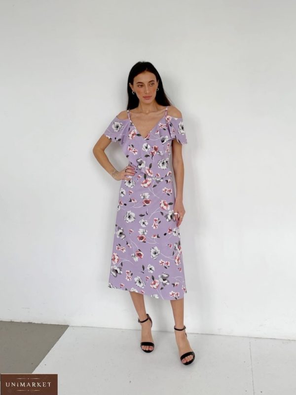 Заказать онлайн сиреневое цветочное платье из льна (размер 42-52) для женщин