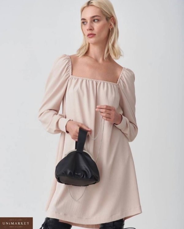 Купити недорого бежеву сукню міні з квадратним вирізом для жінок