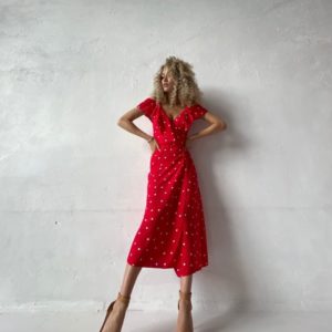 Заказать недорого красное платье в горошек из льна (размер 42-52) для женщин