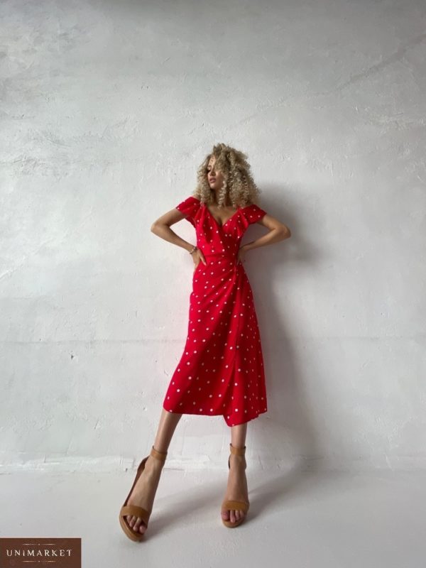 Замовити недорого червону сукню в горошок з льону (розмір 42-52) для жінок