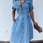 Купить голубое женское джинсовое платье на пуговицах (размер 42-48) онлайн