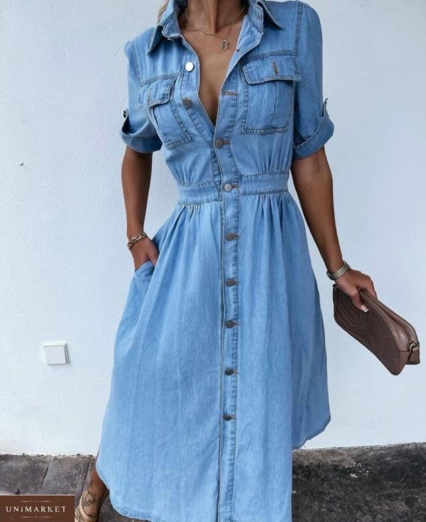 Купить голубое женское джинсовое платье на пуговицах (размер 42-48) онлайн