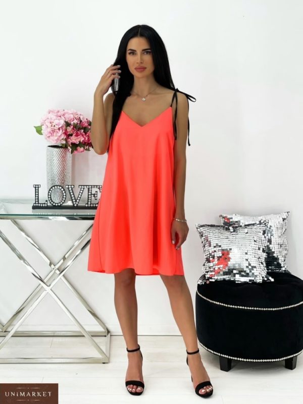 Купить женское оранжевое свободное платье на бретельках-завязках (размер 42-48) по скидке
