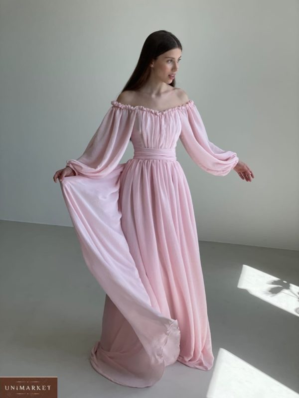 Замовити жіноче ніжне пудра плаття в підлогу з відкритими плечима (розмір 42-52) в інтернеті на випускний