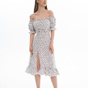 Заказать по скидке женское принтованное платье с разрезом (размер 42-56) белого цвета