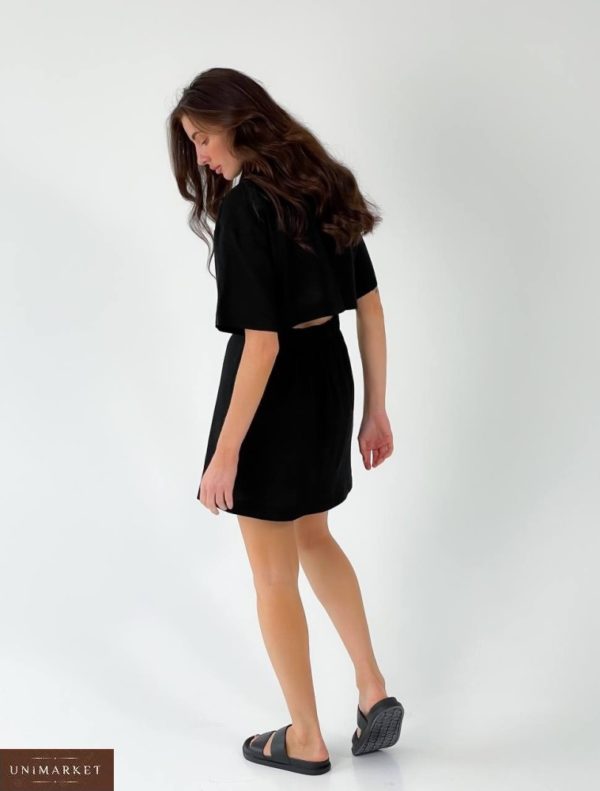 Купить онлайн черного цвета льняное платье-рубашка с разрезом (размер 42-48) для женщин