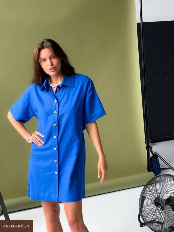 Замовити недорого синє жіноче лляне плаття-сорочка з розрізом (розмір 42-48)