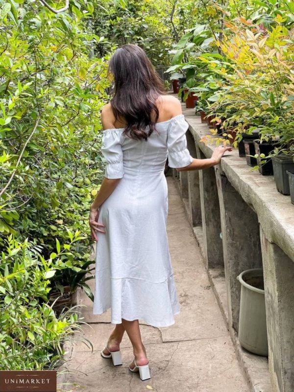 Купить платье миди онлайн белое из льна с разрезом для женщин