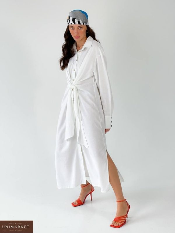 Замовити біле жіноче довге плаття-сорочка з льону (розмір 42-50) по знижці