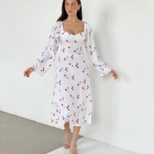Купити жіночу білу сукню з штапеля з довгим рукавом (розмір 42-52) недорого