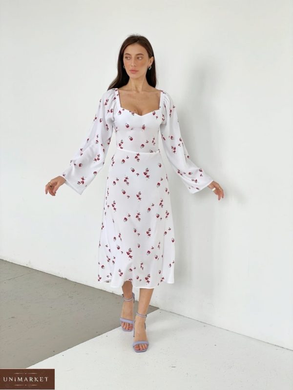 Купить женское белое платье из штапеля с длинным рукавом (размер 42-52) недорого
