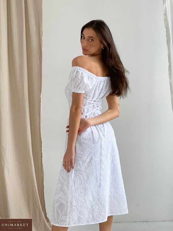 Купити в інтернеті біле жіноче плаття з прошви зі шнурівкою (розмір 42-52)