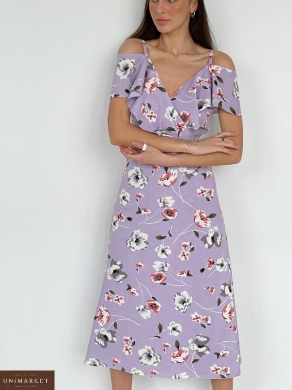Купить по скидке сирень женское цветочное платье из льна (размер 42-52)